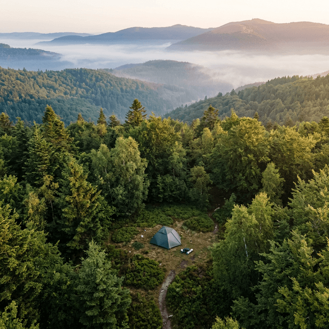tente bivouac légal dans parc naturel régional france brouillard forêt
